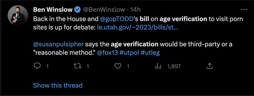 Ben Winslow推特关于犹他州年龄验证法案的推文