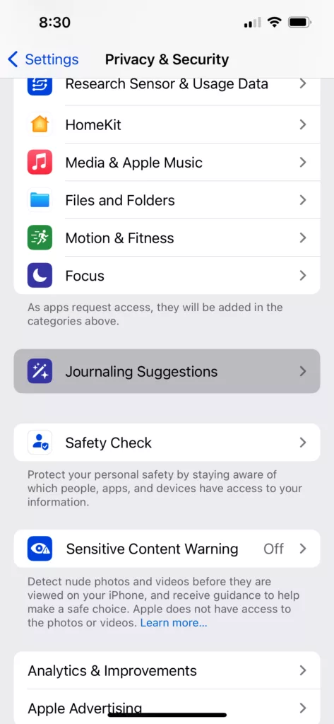 来自 iOS 隐私与安全设置的截图高亮
日记建议