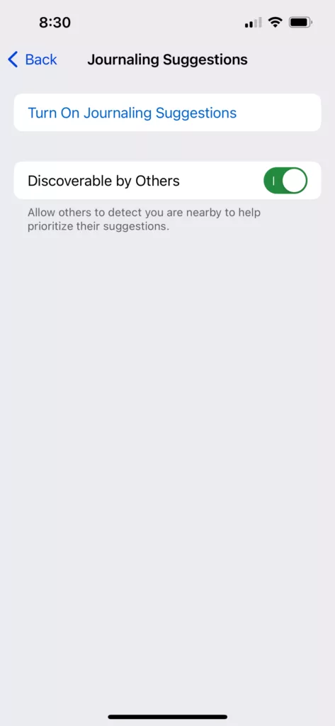 来自 iOS日记建议显示的「可被他人发现」切换已启用的截图