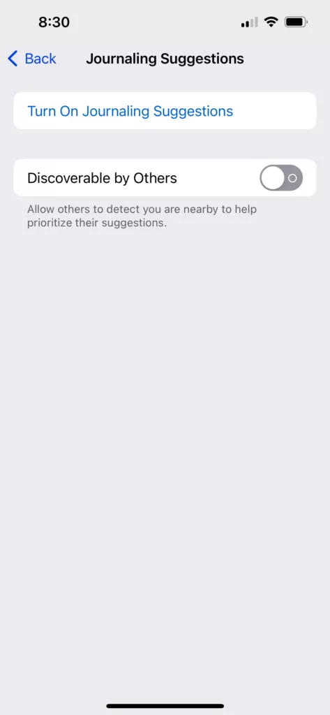 来自 iOS日记建议显示的「可被他人发现」切换已禁用的截图